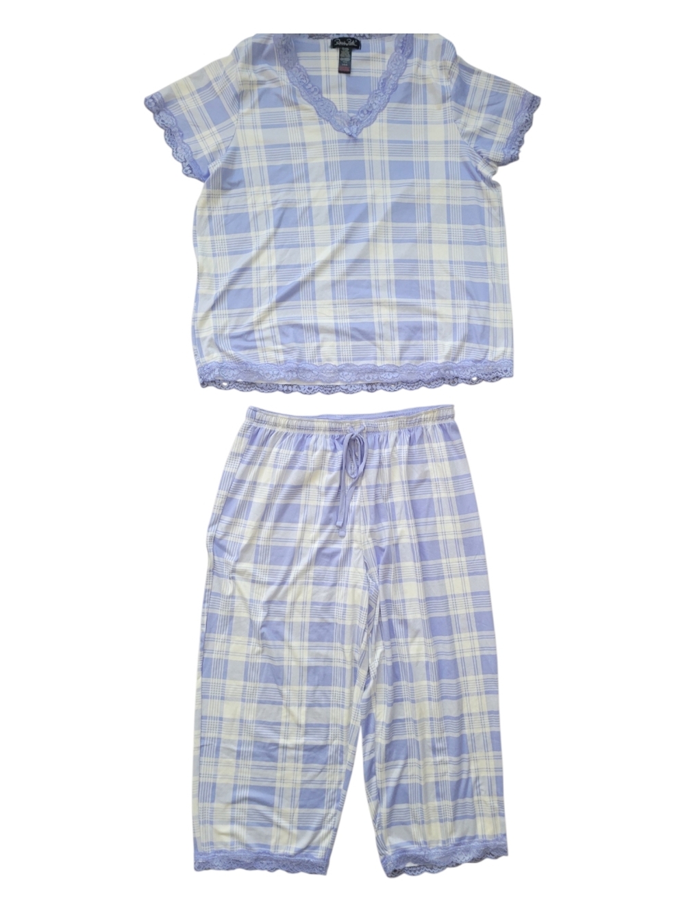 NWT Rene Rofe Pajama Set Blue White Plaid Lace Trim Capri Pants & Top Summer LG